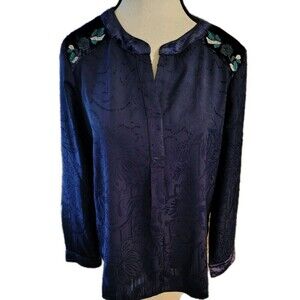 Chico's Blouse Size 0 US S Blue Embroidered Floral Velvet  On Shoulders And...